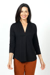 Top Ligne V Neck Pleated Top in Black. V neck top with single front pleat. Softly gathered at front shoulder. 3/4 sleeve. Curved hem. Relaxed fit._t_34654454055112