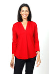 Top Ligne V Neck Pleated Top in Red. V neck top with single front pleat. Softly gathered at front shoulder. 3/4 sleeve. Curved hem. Relaxed fit._t_34654454022344