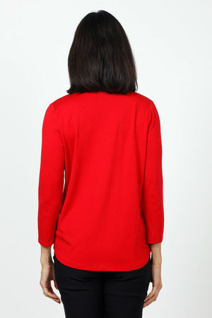 Top Ligne V Neck Pleated Top in Red. V neck top with single front pleat. Softly gathered at front shoulder. 3/4 sleeve. Curved hem. Relaxed fit._34654453956808
