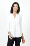 Top Ligne V Neck Pleated Top in White.  V neck top with single front pleat.  Softly gathered at front shoulder.  3/4 sleeve. Curved hem.  Relaxed fit._t_34654453989576