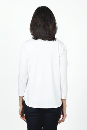 Top Ligne V Neck Pleated Top in White. V neck top with single front pleat. Softly gathered at front shoulder. 3/4 sleeve. Curved hem. Relaxed fit._34654454087880