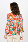 Cali Girls Geometric Pleated Bell Sleeve Blouse. Bright geometric print. Pointed collar v neck button down blouse. Long sleeves. Vertical pleats through body and sleeve. Relaxed fit._t_35537539104968