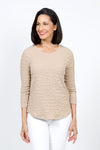 Top Ligne Pucker Scoop Neck Top in Sand. Scoop neck top with 3/4 sleeves. Puckered fabric. Curved hem. Relaxed fit._t_35322626769096