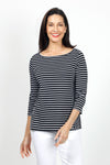 Top Ligne Mixed Stripe Tee in Black with White stripes. Crew neck with banded neckline. 3/4 sleeve. Horizotnal striped body with vertical stripe pane at sides. Slits at front. Relaxed fit._t_35020843909320