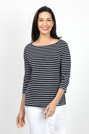 Top Ligne Mixed Stripe Tee in Black with White stripes. Crew neck with banded neckline. 3/4 sleeve. Horizotnal striped body with vertical stripe pane at sides. Slits at front. Relaxed fit._35020843909320