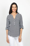 Top Ligne Striped Henley Tee in Black & White.  Crew neck with banded neck and notched v with 3 button placket.  3/4 sleeve with roll tab cuff.  Shirt tail hem.  Relaxed fit._t_35020938019016