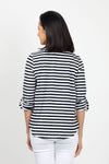 Top Ligne Striped Henley Tee in Black & White. Crew neck with banded neck and notched v with 3 button placket. 3/4 sleeve with roll tab cuff. Shirt tail hem. Relaxed fit._t_35020937986248