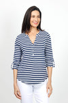 Top Ligne Striped Henley Tee in Navy & White. Crew neck with banded neck and notched v with 3 button placket. 3/4 sleeve with roll tab cuff. Shirt tail hem. Relaxed fit._t_35020938215624