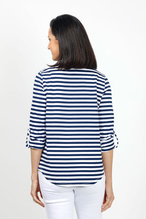 Top Ligne Striped Henley Tee in Navy & White. Crew neck with banded neck and notched v with 3 button placket. 3/4 sleeve with roll tab cuff. Shirt tail hem. Relaxed fit._35020937953480