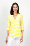 Top Ligne Striped Henley Tee in Yellow & White. Crew neck with banded neck and notched v with 3 button placket. 3/4 sleeve with roll tab cuff. Shirt tail hem. Relaxed fit._t_35020938182856