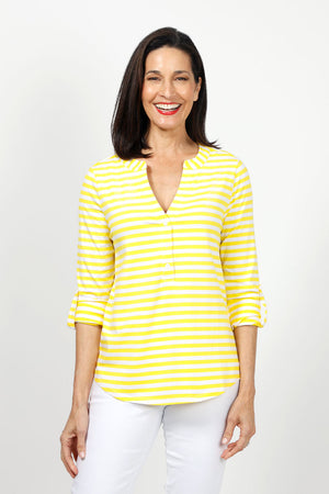 Top Ligne Striped Henley Tee in Yellow & White. Crew neck with banded neck and notched v with 3 button placket. 3/4 sleeve with roll tab cuff. Shirt tail hem. Relaxed fit._35020938182856