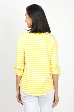 Top Ligne Striped Henley Tee in Yellow & White. Crew neck with banded neck and notched v with 3 button placket. 3/4 sleeve with roll tab cuff. Shirt tail hem. Relaxed fit._35020938084552