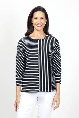 Top Ligne Striped Dolman Sleeve Top in Black/White.  Crew neck with banded neckline.  3/4 dolman sleeve with cuff.  Horizontal stripes on 1 side of front and back; vertical on the other.  Center seams.  Relaxed fit._35020812255432