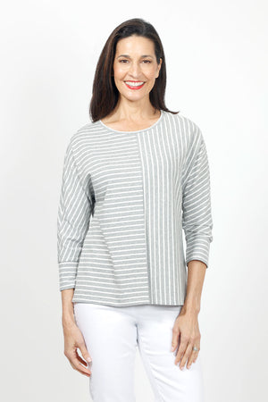Top Ligne Striped Dolman Sleeve Top in Gray/White. Crew neck with banded neckline. 3/4 dolman sleeve with cuff. Horizontal stripes on 1 side of front and back; vertical on the other. Center seams. Relaxed fit._35020812517576