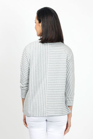 Top Ligne Striped Dolman Sleeve Top in Gray/White. Crew neck with banded neckline. 3/4 dolman sleeve with cuff. Horizontal stripes on 1 side of front and back; vertical on the other. Center seams. Relaxed fit._35020812320968