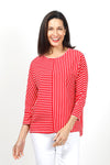 Top Ligne Striped Dolman Sleeve Top in Red/White. Crew neck with banded neckline. 3/4 dolman sleeve with cuff. Horizontal stripes on 1 side of front and back; vertical on the other. Center seams. Relaxed fit._t_35020812452040