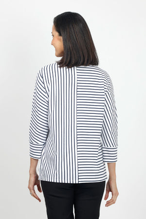 Top Ligne Striped Dolman Sleeve Top in White/Navy. Crew neck with banded neckline. 3/4 dolman sleeve with cuff. Horizontal stripes on 1 side of front and back; vertical on the other. Center seams. Relaxed fit._35020812386504