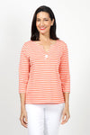 Top Ligne Striped 1 Button V Tee in Coral with white stripes.  Split crew neck tee with v notch and single button detail.  3/4 sleeve.  Relaxed fit.  _t_35020793118920
