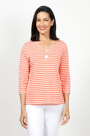 Top Ligne Striped 1 Button V Tee in Coral with white stripes.  Split crew neck tee with v notch and single button detail.  3/4 sleeve.  Relaxed fit.  _35020793118920