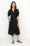 Top Ligne Airflow Contrast Stitch Shirt Dress in Black.  Pointed collar with notched v neck.  Button down shirt dress with self belt.  Short sleeves with button tab.  Contrast top stitching.  Relaxed fit._t_61184856228206