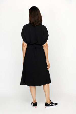 Top Ligne Airflow Contrast Stitch Shirt Dress in Black.  Pointed collar with notched v neck.  Button down shirt dress with self belt.  Short sleeves with button tab.  Contrast top stitching.  Relaxed fit._61184856260974