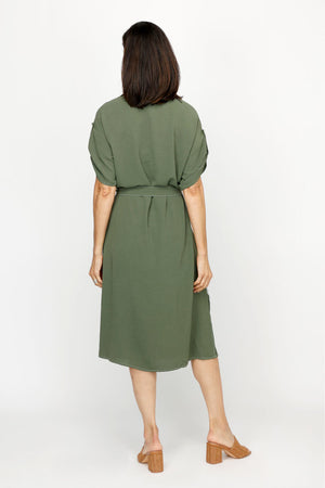 Top Ligne Airflow Contrast Stitch Shirt Dress in Oregano.  Pointed collar with notched v neck.  Button down shirt dress with self belt.  Short sleeves with button tab.  Contrast top stitching.  Relaxed fit._61184856326510