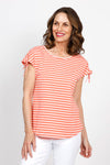 Top Ligne Ruched Shoulder Tee in Coral with narrow white stripes. Crew neck cap sleeve tee with drawstring at the shoulder to adjust length of sleeve. Curved hem. Relaxed fit._t_35432085094600