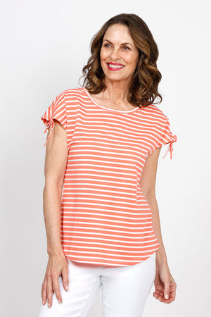 Top Ligne Ruched Shoulder Tee in Coral with narrow white stripes. Crew neck cap sleeve tee with drawstring at the shoulder to adjust length of sleeve. Curved hem. Relaxed fit._35432085094600
