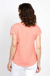 Top Ligne Ruched Shoulder Tee in Coral with narrow white stripes. Crew neck cap sleeve tee with drawstring at the shoulder to adjust length of sleeve. Curved hem. Relaxed fit._t_35432085258440