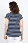 Top Ligne Ruched Shoulder Tee in Navy with narrow white stripes. Crew neck cap sleeve tee with drawstring at the shoulder to adjust length of sleeve. Curved hem. Relaxed fit._t_35432085127368
