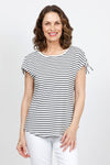 Top Ligne Ruched Shoulder Tee in White with narrow Black stripes.  Crew neck cap sleeve tee with drawstring at the shoulder to adjust length of sleeve.  Curved hem.  Relaxed fit._t_35432085029064