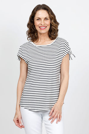 Top Ligne Ruched Shoulder Tee in White with narrow Black stripes.  Crew neck cap sleeve tee with drawstring at the shoulder to adjust length of sleeve.  Curved hem.  Relaxed fit._35432085029064