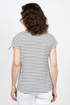 Top Ligne Ruched Shoulder Tee in White with narrow Black stripes. Crew neck cap sleeve tee with drawstring at the shoulder to adjust length of sleeve. Curved hem. Relaxed fit._t_35432085160136