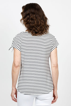 Top Ligne Ruched Shoulder Tee in White with narrow Black stripes. Crew neck cap sleeve tee with drawstring at the shoulder to adjust length of sleeve. Curved hem. Relaxed fit._35432085160136
