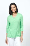 Top Ligne Ruffle Trim Tee in Green.  Slub cotton v neck 3/4 sleeve tee with ruffle trim at neckline. Relaxed fit._t_35202202403016