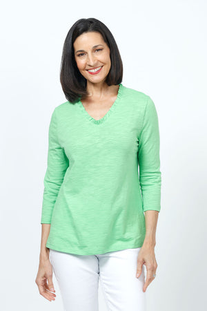 Top Ligne Ruffle Trim Tee in Green.  Slub cotton v neck 3/4 sleeve tee with ruffle trim at neckline. Relaxed fit._35202202403016