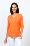 Top Ligne Ruffle Trim Tee in Mandarin. Slub cotton v neck 3/4 sleeve tee with ruffle trim at neckline. Relaxed fit._t_35202202206408