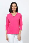 Top Ligne Ruffle Trim Tee in Peony. Slub cotton v neck 3/4 sleeve tee with ruffle trim at neckline. Relaxed fit._t_35202202861768