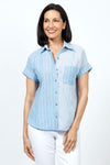 Organic Rags Washable Linen Stripe Button Down Shirt in Denim and white stripes.  Hammock stripes on 1 side of the front; seersucker stripes on the other of the front.  Back seersucker striped yoke.  Dolman cap sleeve with hammock stripe cuff.  Pointed collar button down.  Shirt tail hem. Relaxed fit._t_35181619839176