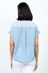 Organic Rags Washable Linen Stripe Button Down Shirt in Denim and white stripes. Hammock stripes on 1 side of the front; seersucker stripes on the other of the front. Back seersucker striped yoke. Dolman cap sleeve with hammock stripe cuff. Pointed collar button down. Shirt tail hem. Relaxed fit._t_35181620134088