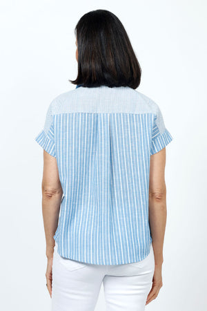 Organic Rags Washable Linen Stripe Button Down Shirt in Denim and white stripes. Hammock stripes on 1 side of the front; seersucker stripes on the other of the front. Back seersucker striped yoke. Dolman cap sleeve with hammock stripe cuff. Pointed collar button down. Shirt tail hem. Relaxed fit._35181620134088
