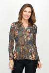 Cali Girls Mixed Leopard Floral Pleat Blouse.  Mix of miniature floral and leopard print in patchwork.  Pointed collar with notched v button down with long sleeve. Miniature pleats create shape effect.  Classic fit._t_61395040862574