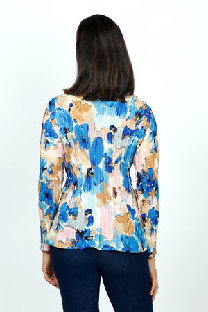 Cali Girls Watercolor Floral Pleated Blouse.  Shades of blue and beige large floral print.  Pointed collar with split v neck button down.  Long pleated sleeves.  Miniature vertical pleats around torso.  Relaxed fit._59451177828718