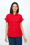 Top Ligne Ruffle Button Down top in Red.  Lightly textured button down with pointed collar.  Short sleeve with button trim.  Curved hem.  Relaxed fit._t_35202159935688