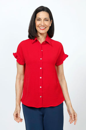 Top Ligne Ruffle Button Down top in Red.  Lightly textured button down with pointed collar.  Short sleeve with button trim.  Curved hem.  Relaxed fit._35202159935688
