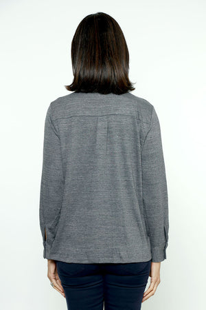 Top Ligne Double Pocket Shacket in Charcoal. Pointed collar button down relaxed fit shirt/jacket hybrid. Pointed collar button down with 2 front patch pockets. Long sleeves with button cuffs. Straight hem. Side slits. Relaxed fit._35797411102920
