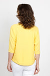 Ten Oh 8 Elbow Sleeve Sweater in Yellow. V neck dolman 3/4 sleeve horizontal rib knit. Front center seam. Braid trim at neck, cuff and curved hem. Relaxed fit._t_35432838758600