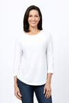 Ten Oh 8 Button Back Sweater in White. Crew neck 3/4 sleeve horizontal textural rib. Curved hem. Braid trim at neck, hem and cuff. Button detail down center back. Relaxed fit._t_34826715168968