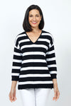 Ten Oh 8 Wide Stripe Sweater in Black/White. V neck 3/4 sleeve sweater with drop shoulders. Front raised center seam. Solid rib trim at neck, hem and cuff. Relaxed fit._t_35202349269192