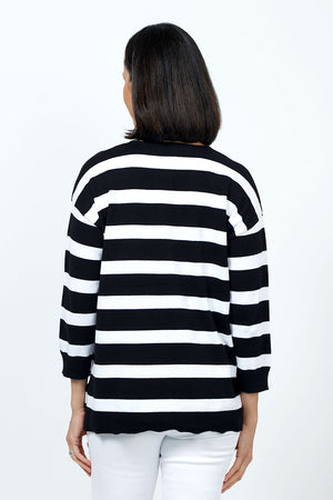 Ten Oh 8 Wide Stripe Sweater in Black/White. V neck 3/4 sleeve sweater with drop shoulders. Front raised center seam. Solid rib trim at neck, hem and cuff. Relaxed fit._35202349236424